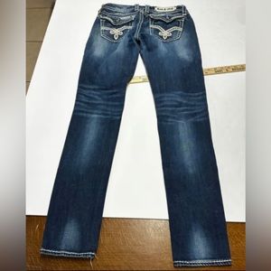 ROCK REVIVAL ELAINA Skinny Jeans Low Rise 28/31 Dark Wash Rhinestone Flip Pocket